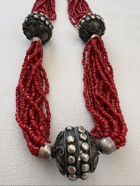 Vintage Ethnic Red Glass Seedbead and  Tibetan Silver Accents - See Photos